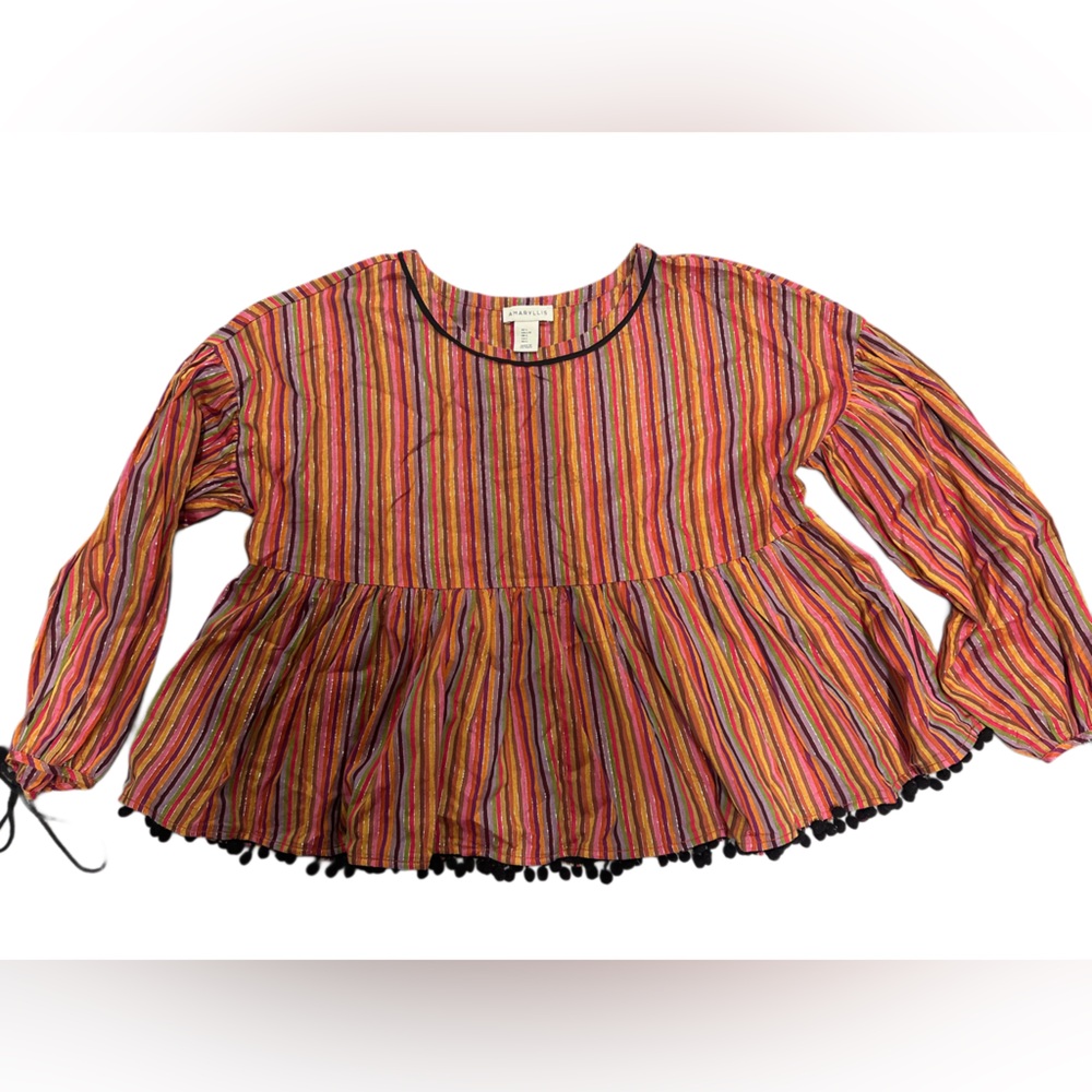 Amaryllis Multi-Striped Peplum Long-Sleeve Top with Pom Trim